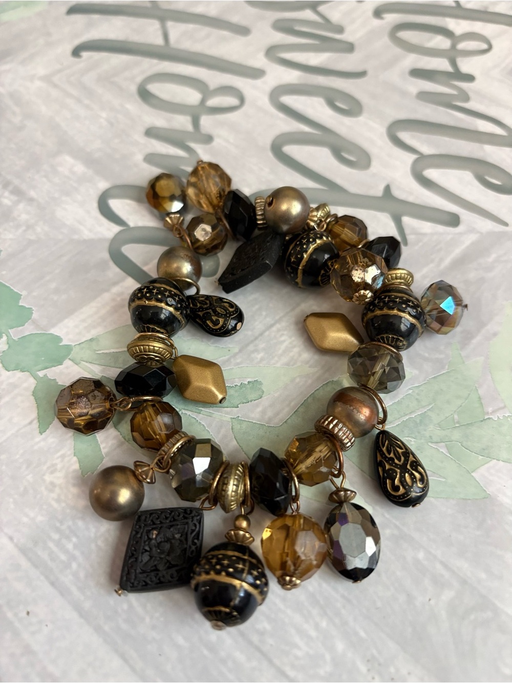 Vintage-Style Beaded Charm Bracelet Gold-Tone Faceted Beads Statement Jewelry